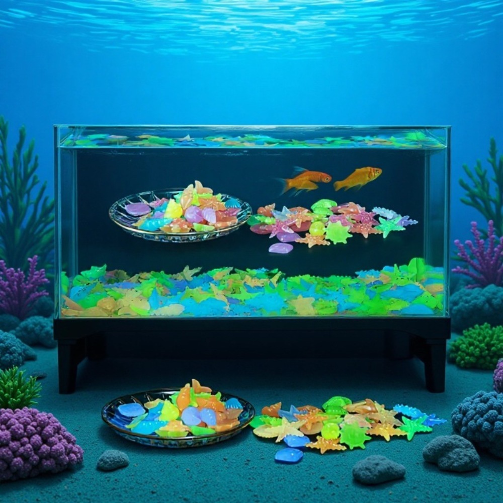 Aquarium Fish Photography - 光る発光海洋石、蛍光貝殻、カラフルなヒトデ、水槽の景観装飾用、暗闇で光る